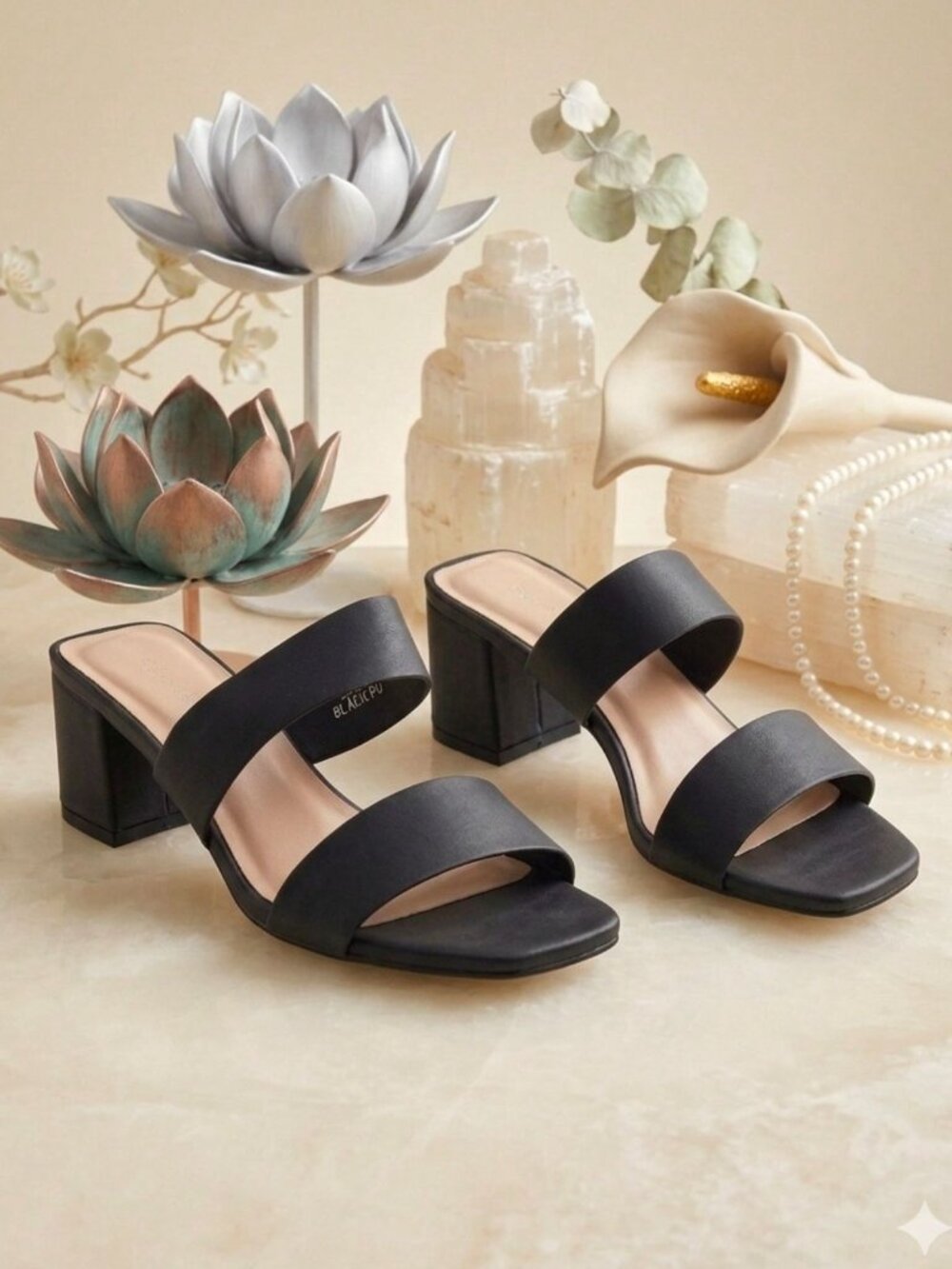 Black Block Heel Slide Sandals With Double Straps Open Toe & Square Heel Design